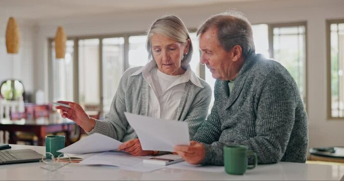 Senior couple, laptop and calculator with bills in home for budget, financial assets or insurance policy. Man, woman and paperwork of investment portfolio, retirement savings or online banking report