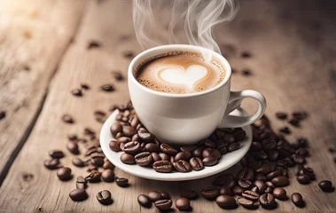 Photo sur Plexiglas Café Light photo, in white and beige tones. Cup of hot coffee with steam on a wooden background. Coffee beans. Cozy homely atmosphere in pastel colors. This photo was generated using Playground AI