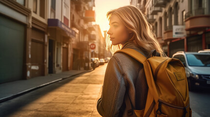 Obraz premium Back view photo of Girl with backpack on city street with sunlight