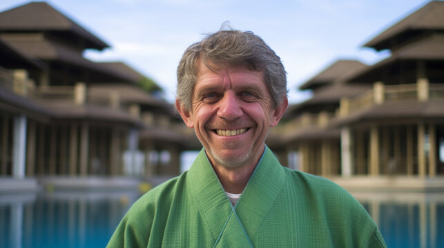 Smiling man in green hoodie enjoys a sunny day by the pool, exuding happiness and contentment.