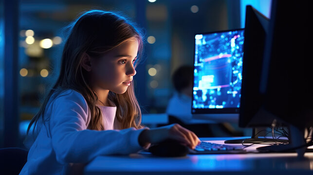 A programmer girl who is using her modern computer