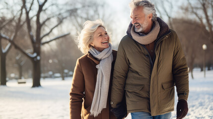 Cheerful active senior couple walking in snow in public park together having fun lifestyle. Perfect activities for elderly people. Happy mature couple walking in park