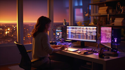 A programmer girl who is using her modern computer