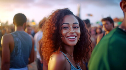 A cheerful woman with curly hair stands in a lively crowd, possibly at a beach or festival, surrounded by smiling people, capturing a joyful and engaging atmosphere.