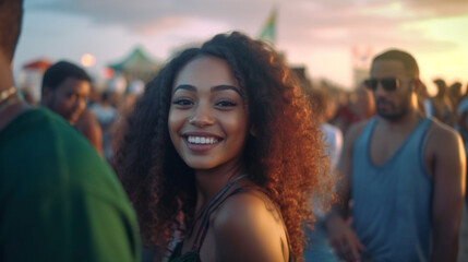 Obraz premium A cheerful woman with curly hair stands in a lively crowd, possibly at a beach or festival, surrounded by smiling people, capturing a joyful and engaging atmosphere.