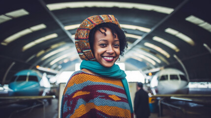  African-American woman wears a striped sweater stands in an airplane hangar - obrazy, fototapety, plakaty