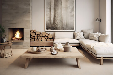 Scandinavian home interior design of modern living room. Fireplace, cosy seating area. Minimalist.