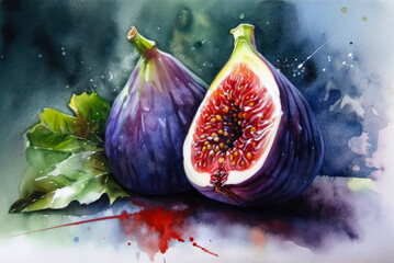 A watercolour style illustration of fig fruits. Created with Generative AI.