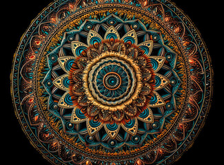 An illustration of a coloured mandala on a black background. Created with Generative AI.