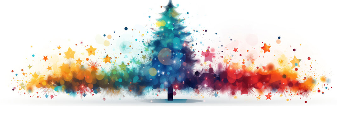 Banner ilustra&ccedil;&atilde;o de &aacute;rvore de Natal com estrelas e confetes coloridos.