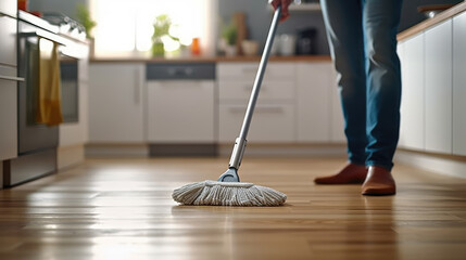 Close-up of a young man's hands gripping a mop as he skillfully cleans the floor of a contemporary kitchen