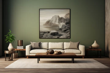 Scandinavian home interior design of modern living room. Green wall with large photo, can be used as mock up.