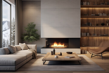 Scandinavian home interior design of modern living room. Large fireplace, cosy seating area.