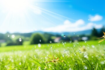 Close up spring grass field with sunlight bokeh background