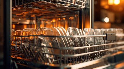 Fototapeta na wymiar Close-up view of an industrial dishwasher hard at work, ensuring spotless cleanliness for dishes and silverware