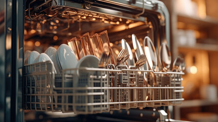 Close-up view of an industrial dishwasher hard at work, ensuring spotless cleanliness for dishes and silverware