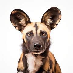 African Wild Dog close up portrait on white background
