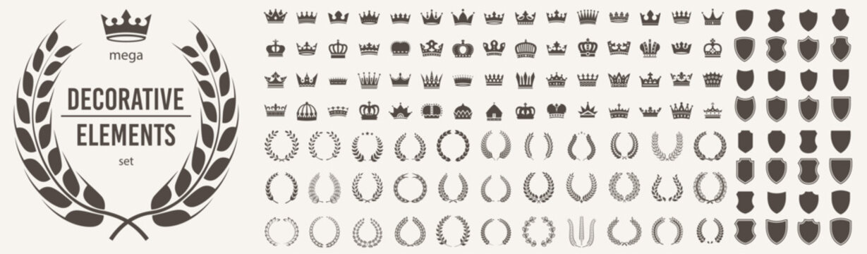 Set of award laurel wreaths and branches, decorative shield vector illustration.