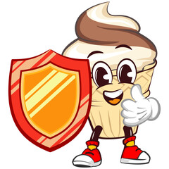 Ice cream character mascot with funny face with mighty shield while giving thumbs up, isolated cartoon vector illustration. emoticon, cute ice cream cone mascot