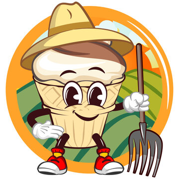 Ice cream character mascot logo with funny face wearing farmer hat and carrying fork scrop in front of field view in circle, isolated cartoon vector illustration. emoticon, cute ice cream cone mascot