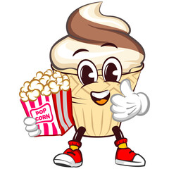Ice cream character mascot with funny face with popcorn while giving thumbs up, isolated cartoon vector illustration. emoticon, cute ice cream cone mascot