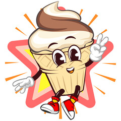 Ice cream character mascot with a funny face jumping for joy in front of a shining star while holding up a peace sign, isolated cartoon vector illustration. emoticon, cute ice cream cone mascot