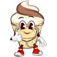 Ice cream character mascot with funny face of doctor with stethoscope, isolated cartoon vector illustration. emoticon, cute ice cream cone mascot
