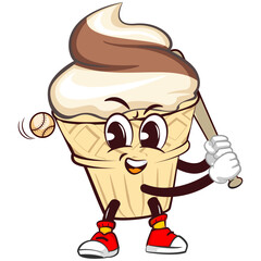 Ice cream character mascot with funny face playing baseball as a hitter ready to hit the ball with a bat, isolated cartoon vector illustration. emoticon, cute ice cream cone mascot