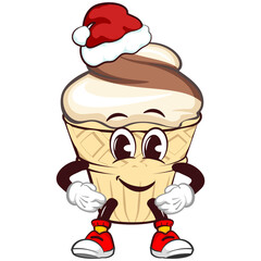 Ice cream character mascot with funny face wearing santa claus hat, isolated cartoon vector illustration. emoticon, cute ice cream cone mascot