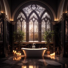 Fototapeta na wymiar Gorgeous Modern Gothic Bathroom with Stained Glass window, Candles, Tub, and Cathedral Ceiling