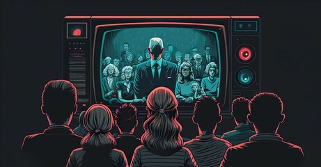 People crowd watching TV. TV addiction, propaganda and fake news concept. - obrazy, fototapety, plakaty