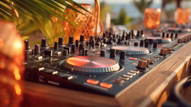 Close - up of Dj console with beers and cocktails at the beach party