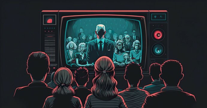 People Crowd Watching TV. TV Addiction, Propaganda And Fake News Concept.