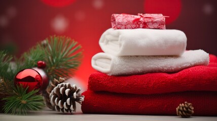 Fototapeta na wymiar Christmas Spa Essentials: Red and White Towels with Fir Branches, Red Toys, Snowflakes, Pine Cones and Tulle Window Background for Relaxation and Self-Care with Aromatherapy and Skin Care Products