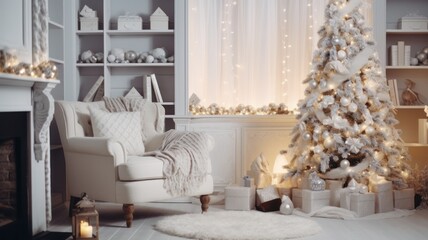 Cosy Christmas at Home: Trendy Living Room with Fireplace and Ornamented Christmas Tree. Festive Holiday Decor.
