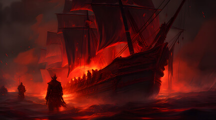 Pirate ship and warrior in the dark sea in red fire background