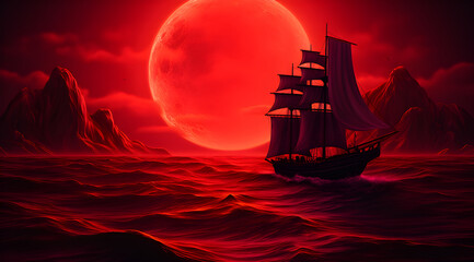 Sailing Pirate ship in the dark sea during big moon red background