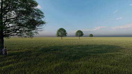 A large oak tree stands on the horizon in a lush green meadow under a blue sky - 3D Illustration - digital-photo-collage