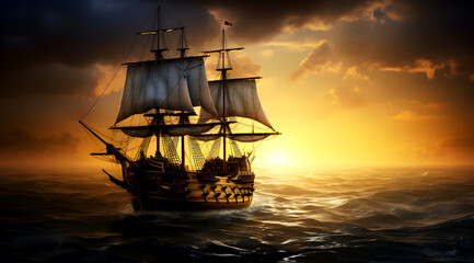 Obraz premium Sailing ship sailing in the calm sea during sunrise background