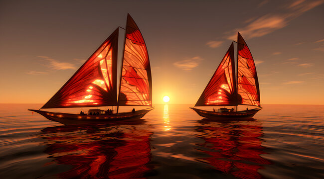 Sailing ship in the calm sea during sunrise background