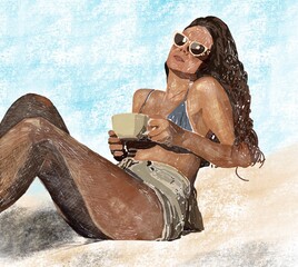 Raster bright illustration on the theme of summer holidays in the sun. The girl lies with mug. Young woman sunbathing. The girl enjoys life and gets satisfaction