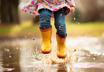 happy little girl in wellies playing jumping in a puddle of rainwater. AI generative.