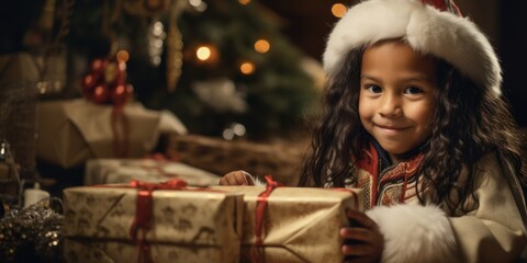 Fototapeta na wymiar Holiday Excitement: Young Native American Child Anticipating Christmas at Home with Presents