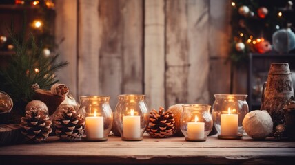 Hygge Christmas Atmosphere: Rustic Scandinavian Room with Burning Candles, Pine Trees, and Modern Decorations