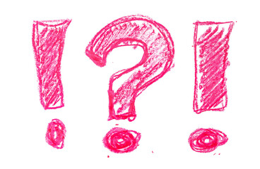 Photo grunge hand draw, scribble question and exclamation mark, wax pastel, crayon isolated on...