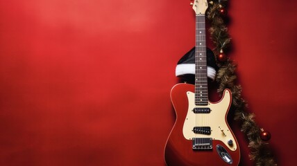Rockin' Christmas Gift: Vintage Acoustic Guitar with Santa Claus Hat - obrazy, fototapety, plakaty