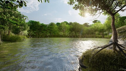 Forest lake trees in spring nature. 3d rendering
