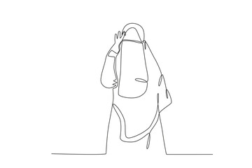 A woman wearing a niqab holds her hijab. Niqab one-line drawing