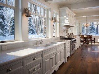 Modern huge kitchen with white marble countertops and wood floors. Kitchen-living room in a classic style, winter landscape outside the window.
