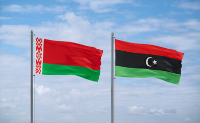 Libya and Belarus flags, country relationship concept